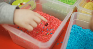 Children play educational games with a sensory bin in kindergarten