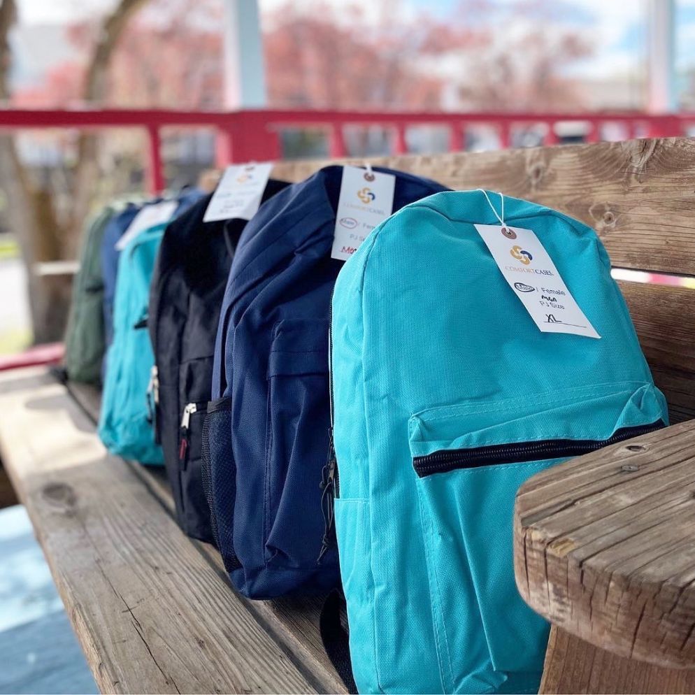 A row of backpacks lined up. They are various shades of blue.