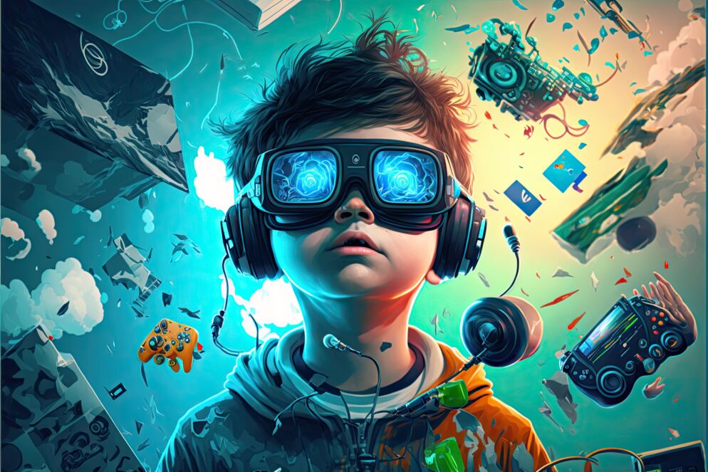 A boy with a VR headset surrounded by floating pieces of technology. 