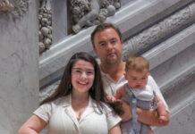 Parent You Should Know … Kathleen Borgueta Family of three standing in front of a marble staircase