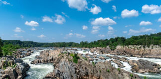 Jagged rocks, breathtaking views, and the dangerous white waters of the Potomac River at the Great Falls Park in McLean, Fairfax County, Virginia.