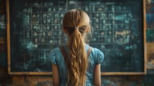 A girl looks at a chalkboard full of letters with her back to the camera.