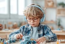 Young boy in headphones focusing on a robot, symbolizing sensory regulation, neurodiversity, autism support, and quiet concentration in a busy learning environment.