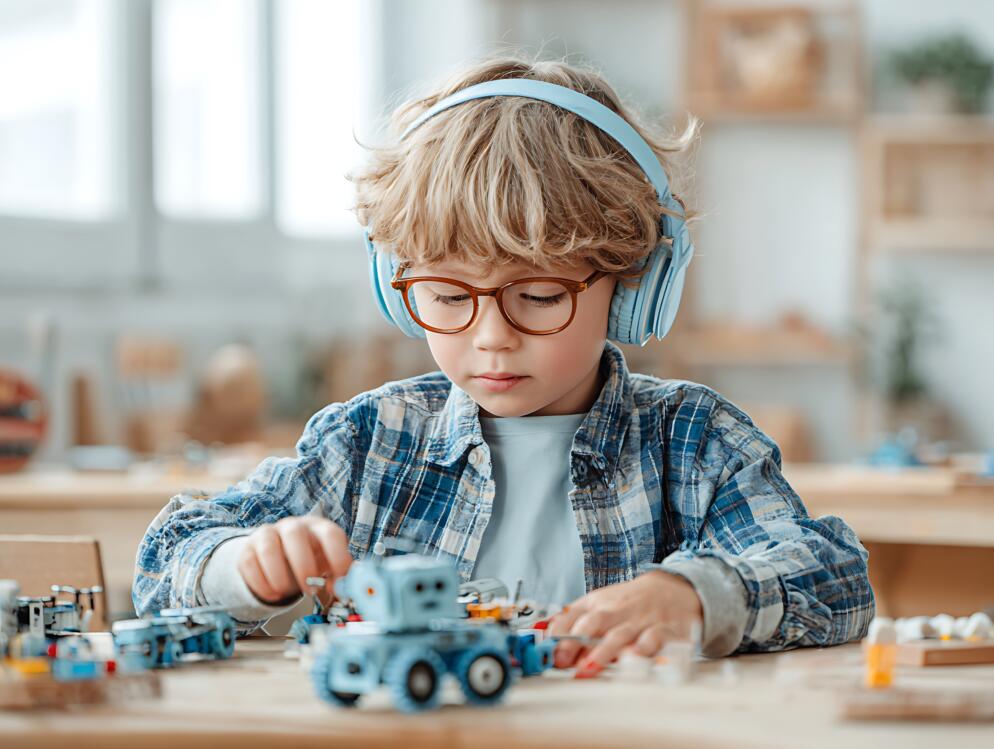 Young boy in headphones focusing on a robot, symbolizing sensory regulation, neurodiversity, autism support, and quiet concentration in a busy learning environment.