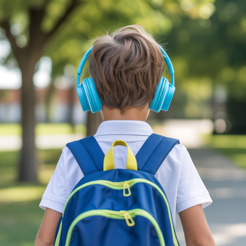 School Boy with Blue Backpack and Headphones Walking Outdoors Back View