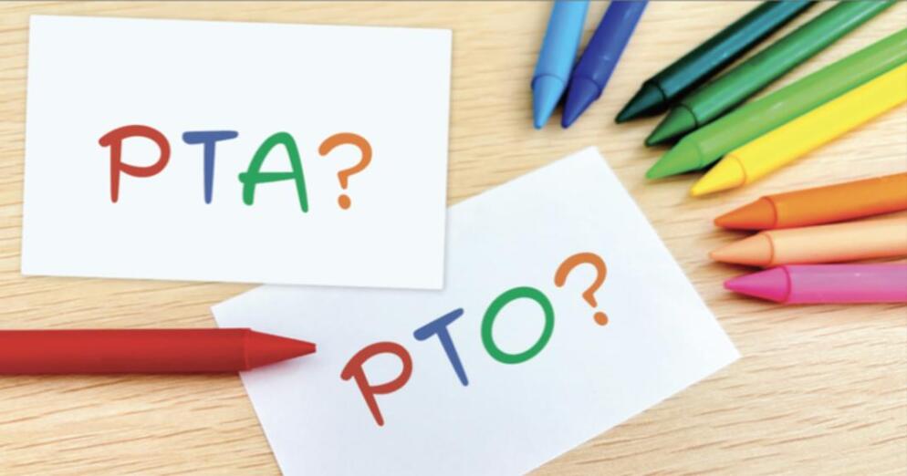 Pieces of paper that say "PTA?" and "PTO?" surrounded by crayons