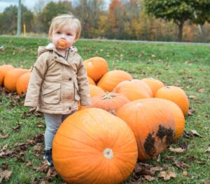 Baby standing by pumpkins